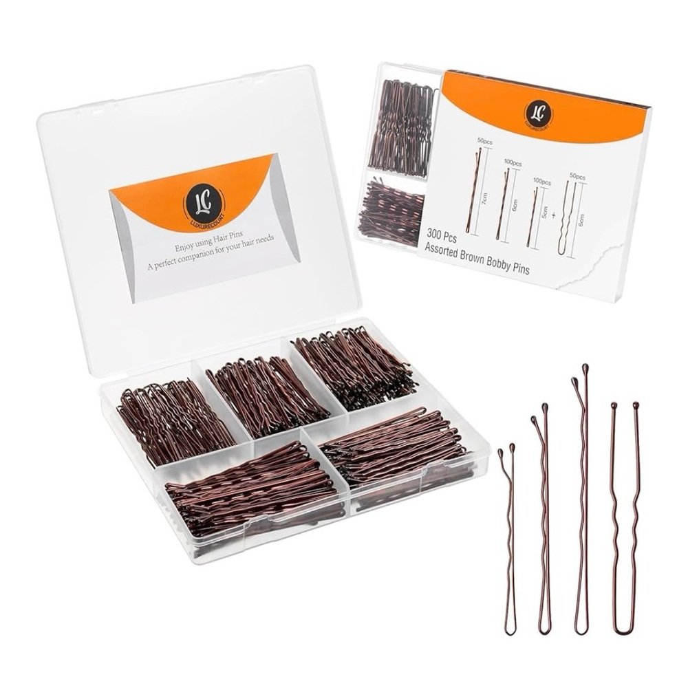 300 Pack Brown Bobby Pins Set, 3 Assorted Sizes of Large Small U Shaped Nonslip